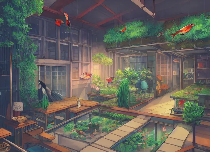 Image similar to pleasing two - point - perspective anime background clean neat clarity professional visual development set design, tiny cozy store with hanging bird cages and bright fish aquariums, sparse planted terrariums, dim painterly lighting volumetric aquatics, impasto, trending on pixiv