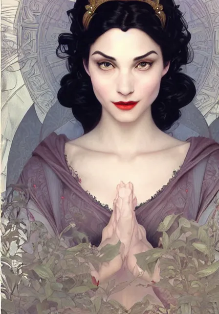 Prompt: snow white and evil queen, intricate, elegant, highly detailed, digital painting, artstation, concept art, smooth, sharp focus, illustration, art by artgerm and greg rutkowski and alphonse mucha and william - adolphe bouguereau