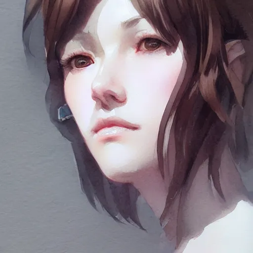 Prompt: short dark brown haired girl, grey eyes, artstation, watercolor, highly detailed, portrait, by krenz cushart