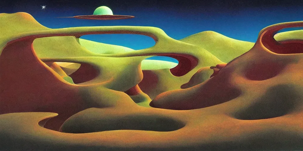 Image similar to extraterrestrial landscape, harmony, by roger dean