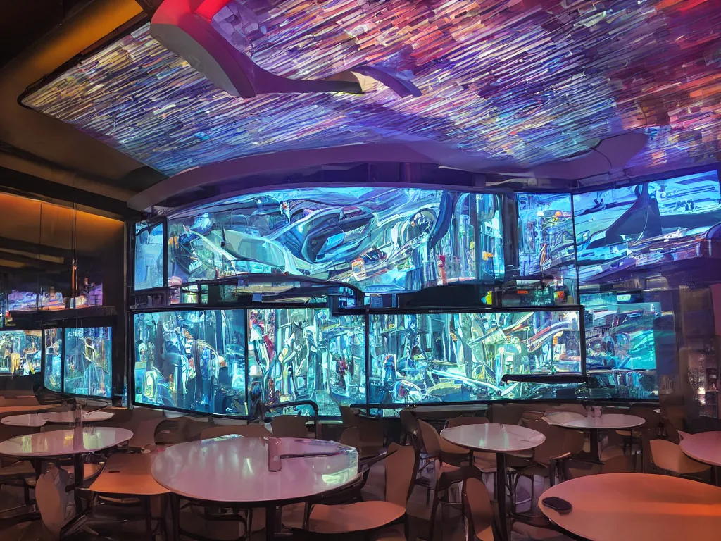 Image similar to visor with curved translucent screens projecting detailed sci - fi art, pixel perfect photograph, high contrast, volumetric lighting, thin glowing lights, restaurant, chairs, users, pair of keys