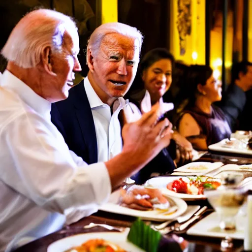 Prompt: Trump and Biden having dinner at a fancy Balinese restaurant, award winning photography, sigma 85mm Lens F/1.4, blurred background, perfect faces