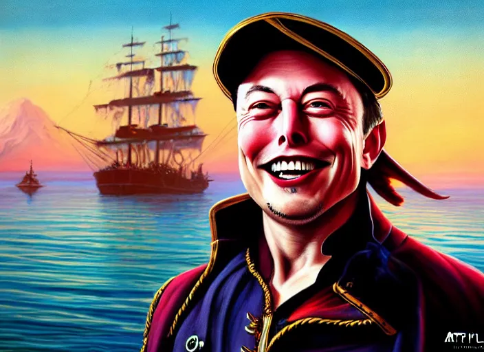 Prompt: highly detailed painting of a grinning Elon Musk as a pirate captain, proudly posing at the helm of his frigate wearing a pirate hat at dusk, artstation, cinematic lighting, hyperdetailed, cgsociety, 8k, high resolution, insanely detailed and intricate, concept art, smooth, sharp focus, illustration, art by John Philip Falter, Art Nouveau, masterpiece