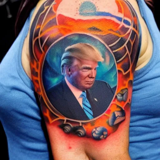 Prompt: tattoo of donald trump holding the universe, black, blue orange, and white ink, detailed, hyperrealistic trending on artstation