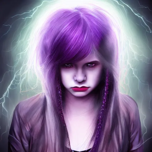 Image similar to detailed photo portrait of a furious teen girl with thin, hair-like purple tentacles on her head and bright purple eyes, 8k, trending on DeviantArt, face enhance,hyper detailed ,full of colour, dramatic lightning