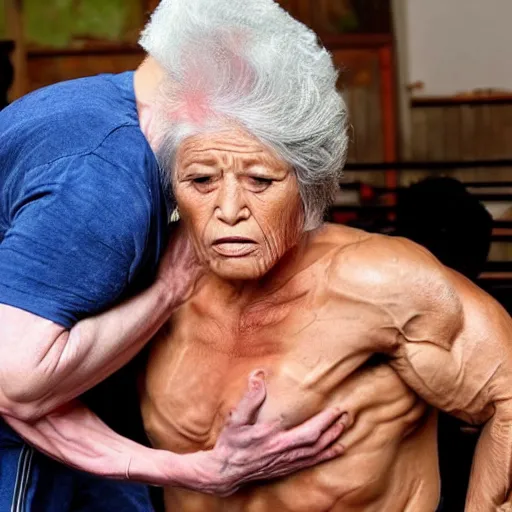 Image similar to an old woman with a body like a bodybuilder pouncing on helpless victims