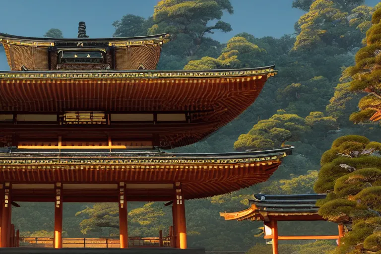 Prompt: Old japanese architecture in a Japanese valley, peaceful sky, golden hour, taken in unreal engine 5, 4k