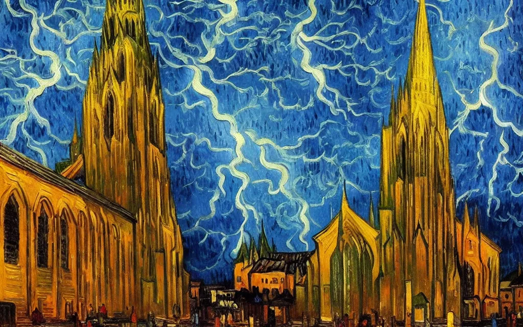 Image similar to atmospheric detailed expressionist oil painting of lightning storm over a tall gothic church, landscape painting, expressionism, blues, dramatic lighting, 8 k resolution detailed art, small brushstrokes, watercolor palette, painted by vincent van gogh