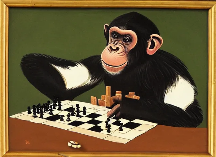 Image similar to a painting of a chimp playing chess in the style of donald roller wilson