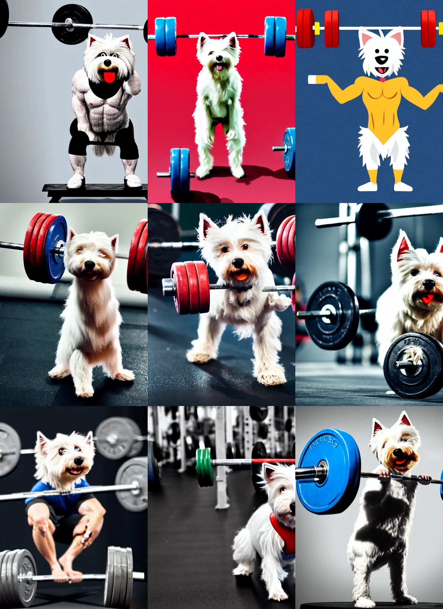 Prompt: a photo of an anthropomorphic anthropomorphic westie weight lifting weightlifting barbell up in olympic, 4 k