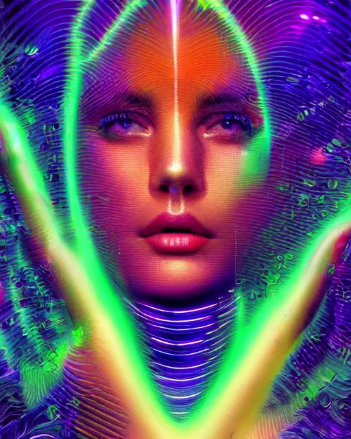 Image similar to a powerful energy psychedelic holographic matrix woman, by alexander fedosav, hyper detailed digital matte painting, concept art, hyperrealism, 1 6 k resolution, cinema 4 d, 8 k resolution, trending on artstation, behance hd, a masterpiece, by stephan martiniere, particles, cel - shaded, power bright neon energy, by david a. hardy,