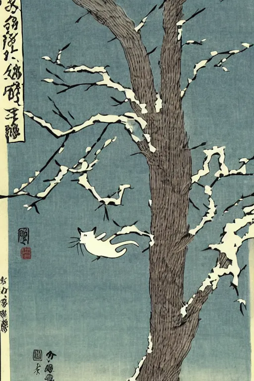 Image similar to white cat in the tree in winter day in the style of Utagawa Hiroshige