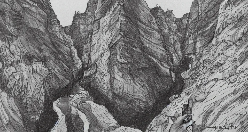 Image similar to a drawing of a canyon, an album cover by alson s. clark, tumblr contest winner, underground comix, concert poster, official art, poster art