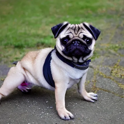 Image similar to a pug with human legs, chimaera, photo