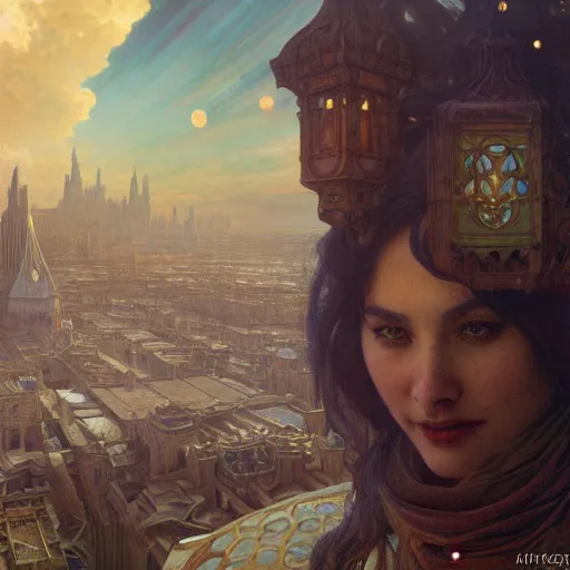 Image similar to a very detailed Magic portrait painting of someone with an oversized foot where their head should be, a very detailed fantasy city background, a very detailed dramatic sky, light particles, environment drawn by Donato Giancola and Tom Bagshaw, Edmund Leighton, character design by Alphonse Mucha, 4k, volumetric lighting, komorebi, award winning, octane render, hyperrealistic