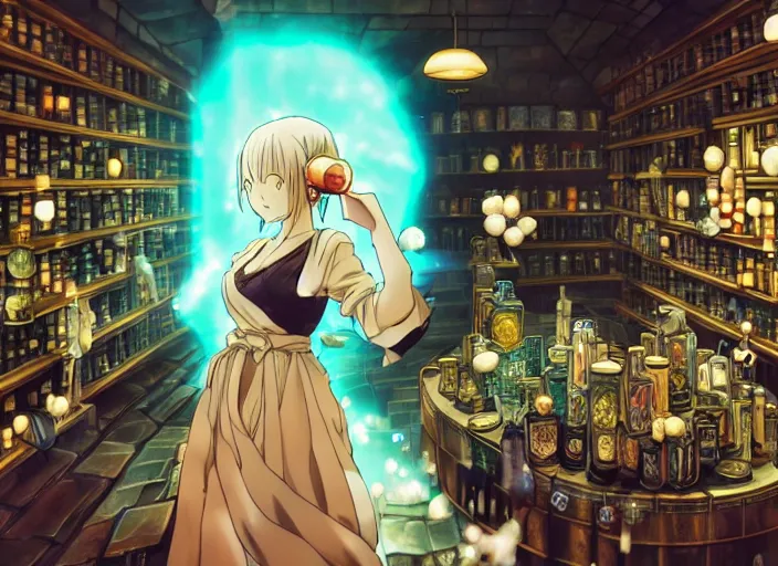 Image similar to lomography, anime, portrait of a young woman in a alchemist's potion shop interior shopping, glowing, haruhiko mikimoto, hisashi eguchi, lodoss, dynamic pose and perspective, dramatic lighting, detailed facial features, rounded eyes, sharpened image, yoshinari yoh