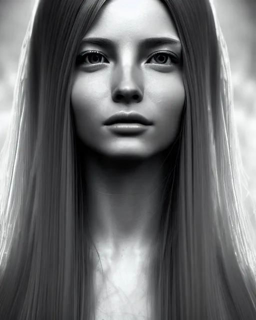 Image similar to a bw photorealistic portrait of a beautiful female translucent bio mechanical vegetal goddess with long silver hair, dreamy, elegant photorealistic, cinematic, octane render,