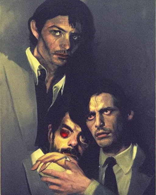 Image similar to two beautiful but sinister men wearing oxford shirts in layers of fear, with haunted eyes and dark hair, 1 9 7 0 s, seventies, wallpaper, a little blood, moonlight showing injuries, delicate embellishments, painterly, offset printing technique, by brom, robert henri, walter popp