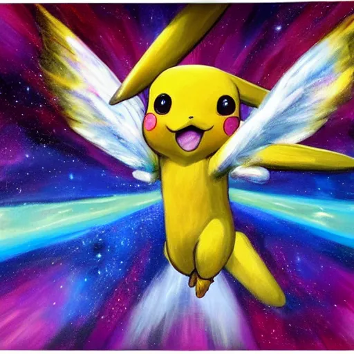 Prompt: painting of winged pikachu, celestial, miraculous, sun rays, award winning