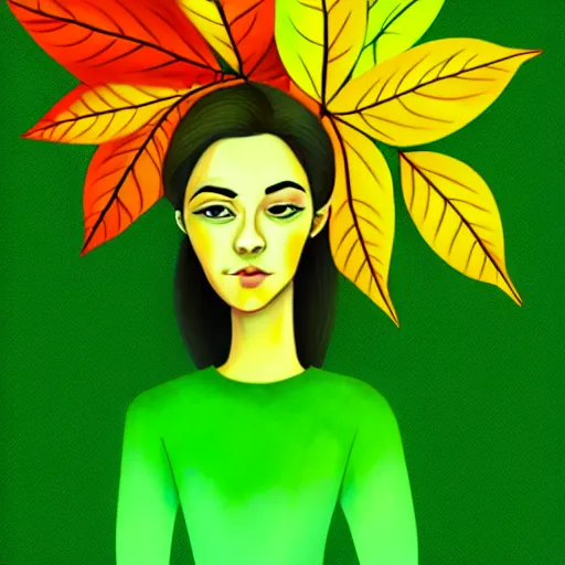 Prompt: Female character, green background, full of yellow leaves, in the artistic style of Melissa Zuñiga