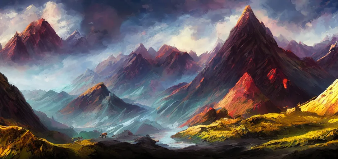 Image similar to vast mountain landscape, craggy mountains, magic the gathering, three - colors, three - color color palette, panoramic, wide angle, horizon, highly detailed