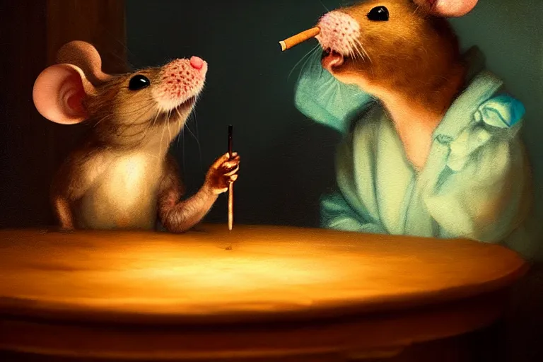 Prompt: a mouse is smoking cigar in a gothic atelier, oil painting, detailed, colorful, glowing lighting, 4 k, dimly lit, in the style of yanjung chen and tom bagshaw,