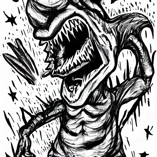 Image similar to a Pop Wonder scary horror themed goofy-hilarious-character-dinosaur-demon, dime-store-comic drawn with charcoal and pen and ink, half-tone-line-stacking