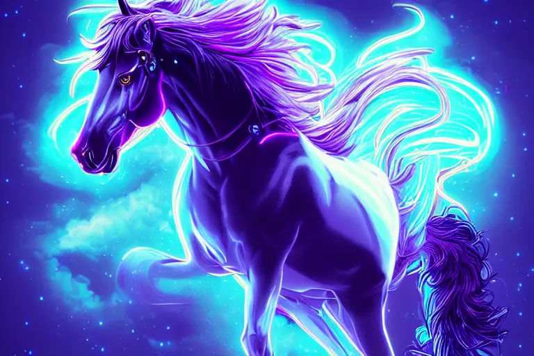 Image similar to a stunning horse with bioluminescent mane and tail running in the clouds by sandra chevrier and greg rutkowski, neon hooves, purple blue color scheme, vaporware, retro, outrun, high key lighting, volumetric light, digital art, highly detailed, fine detail, intricate, ornate, complex, octane render, unreal engine, photorealistic