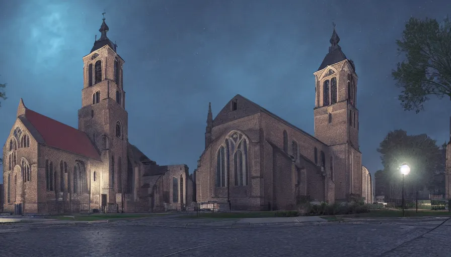 Prompt: Eusebius church in Arnhem by night, wide view, volumetric light, hyperdetailed, artstation, cgsociety, 8k