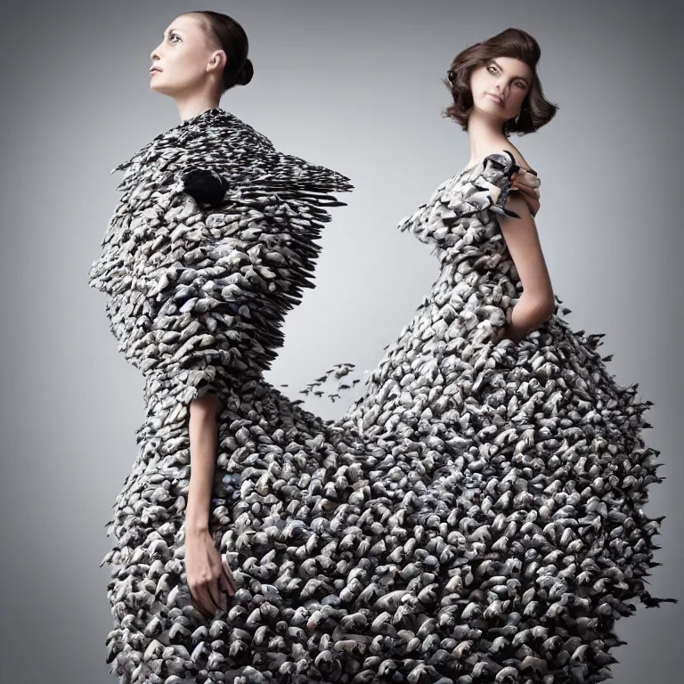 Image similar to “a beautiful woman in a dress made of pigeons, high fashion, concept fashion, studio lighting, nyc, 8k, 4k”