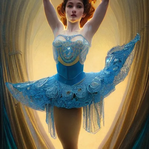 Image similar to hyperdetailed robotic ballerina with blue human eyes, human eyes, symetry, golden ratio, intricate, detailed, volumetric lighting, scenery, digital painting, highly detailed, artstation, sharp focus, illustration, artstation, art by artgerm and greg rutkowski and alphonse mucha