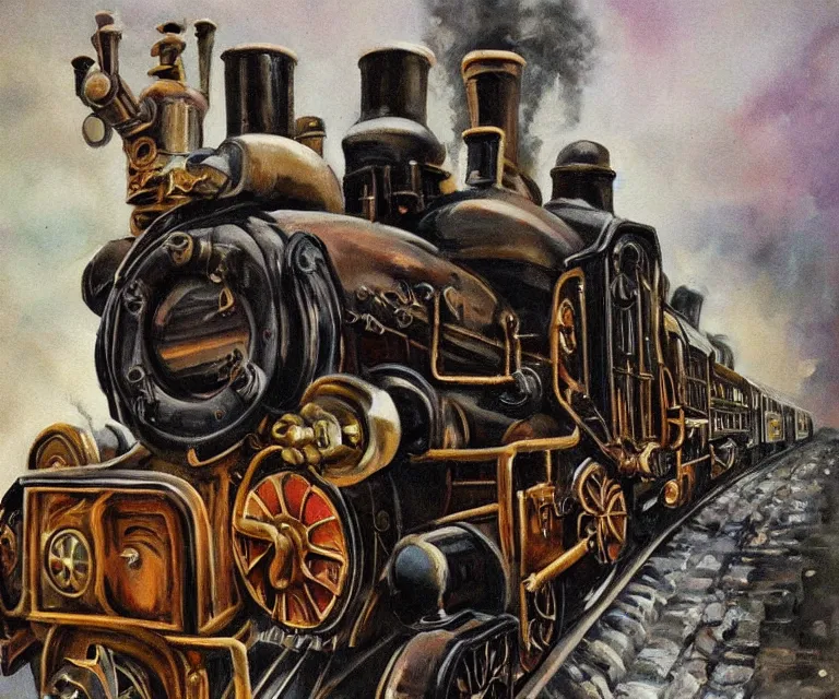 Prompt: steampunk train, 1 9 2 0 s, wet painting