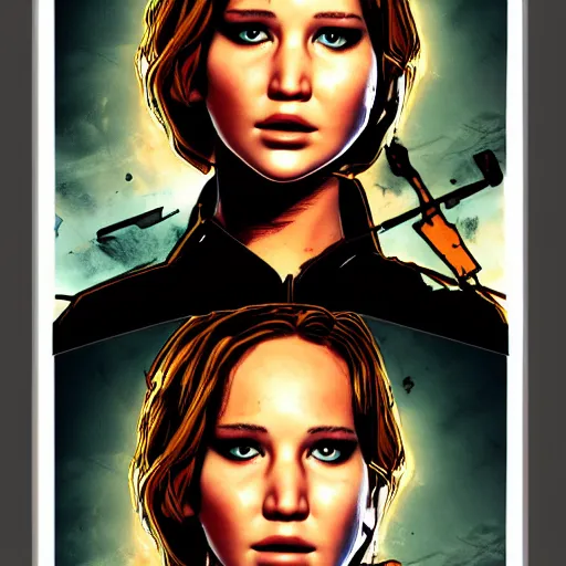 Image similar to jennifer lawrence portrait, borderlands, tales from the borderlands, the wolf among us, comic, cinematic lighting, studio quality, 8 k