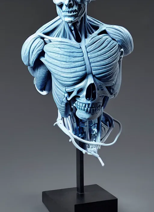 Image similar to a bust sculpture of anatomical detailed cyborg, blue blood ceramic base, orthographic, studio lighting