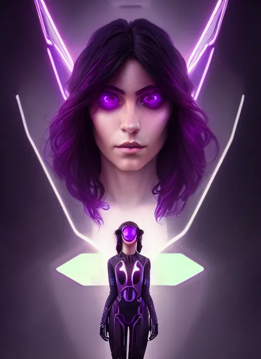 Image similar to symmetry portrait of a very beautiful caucasian young cyberpunk woman with dark purple hair, sci - fi, tech wear, glowing lights intricate, elegant, highly detailed, digital painting, artstation, concept art, smooth, sharp focus, illustration, art by artgerm and greg rutkowski and alphonse mucha