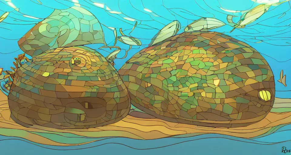 Image similar to giant abalone - shaped seashell house in the ocean by roger deakins, bill sienckiwicz, in the style of zelda windwaker, triadic color scheme, cell shading, 3 d