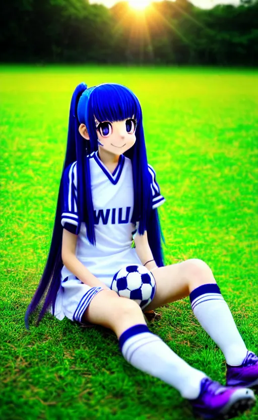 Prompt: A cute young 2D anime girl with long blueish indigo hair, wearing a white soccer uniform with shorts, soccer ball against her foot, sitting on one knee in a large grassy green field, shining golden hour, she has detailed black and purple anime eyes, extremely detailed cute anime girl face, she is happy, child like, kid, black anime pupils in her eyes, Haruhi Suzumiya, Umineko, Lucky Star, K-On, Kyoto Animation, she is smiling and happy, tons of details, sitting on one knee on the grass, chibi style, extremely cute, she is smiling and excited, her tiny hands are on her thighs, she has a cute expressive face