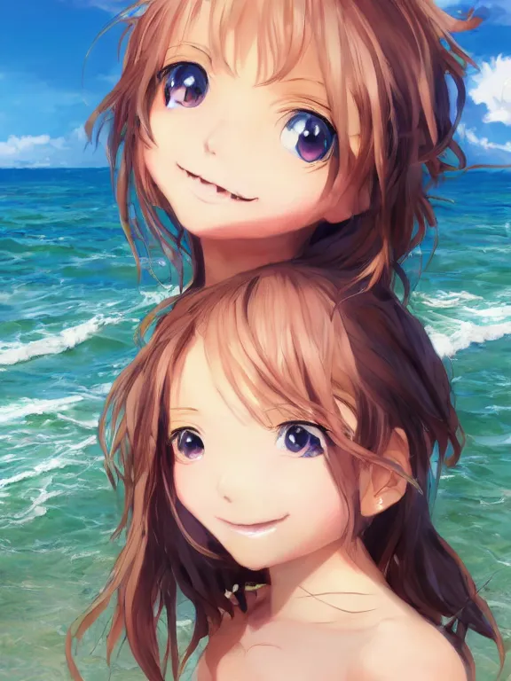 Prompt: An anime portrait of a smiling girl on the beach near the ocean, young child, medium shot, whole head, trending on artstation, by Stanley Artgerm Lau, WLOP, Rossdraws, James Jean, Andrei Riabovitchev, Marc Simonetti, and Sakimi chan