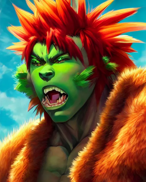 Image similar to An anime portrait of blanka from street fighter , by Stanley Artgerm Lau, WLOP, Rossdraws, James Jean, Andrei Riabovitchev, Marc Simonetti, and Sakimichan, highly detailed, ultra detailed, golden hour, trending on artstation, cgstudio