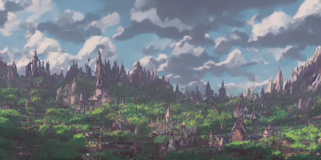 Image similar to landscape, Little Witch Academia, no people, Ghibli, Anime Background, Miyazaki Hayao, concept art, illustration,smooth, sharp focus, intricate, super wide angle, trending on artstation, trending on deviantart, 4K