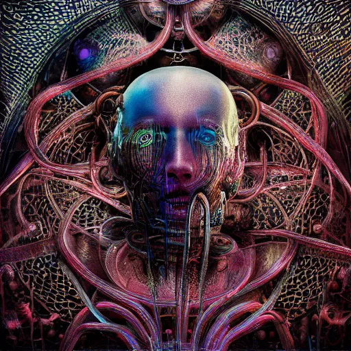 Image similar to meshuggah album cover, lsd, circuitry, intricate detail, royo, whealan, giger, klimt, hd, octane render, unreal engine,