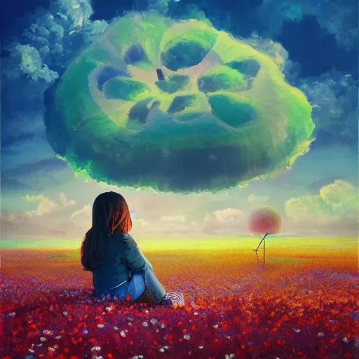 Image similar to giant daisy flower as head, girl sitting in a flower field, surreal photography, sunrise, dramatic light, impressionist painting, colorful clouds, digital painting, artstation, simon stalenhag