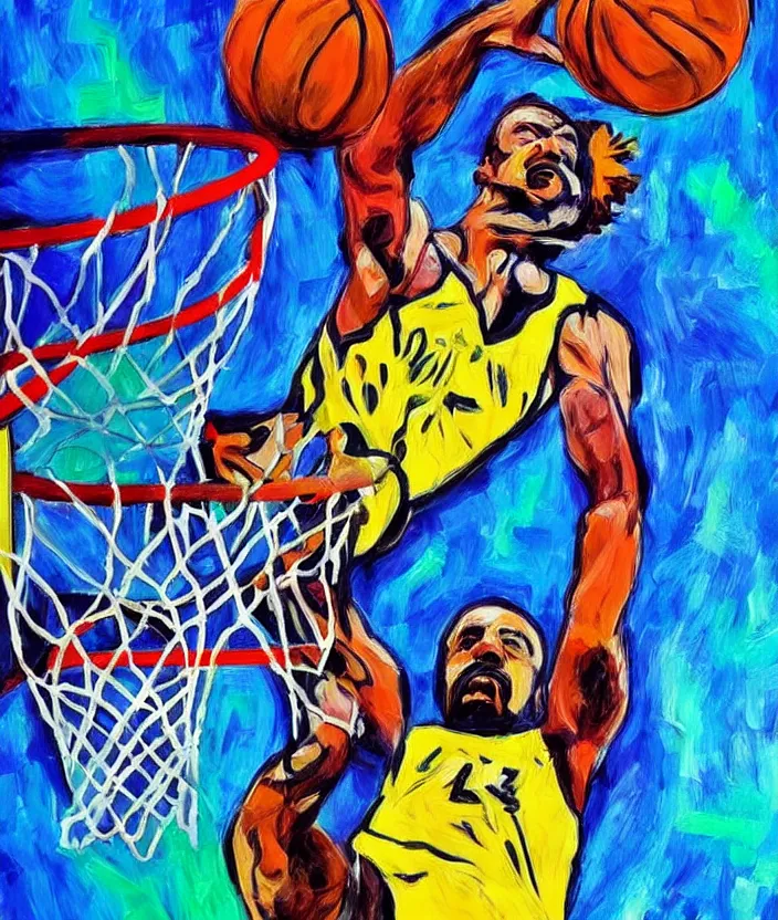 Image similar to ( ( ( expressionist painting of walter white dunking a basketball ) ) ), dynamic perspective, expressionist, colorful, detailed, many layered colores