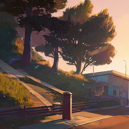 Image similar to primary school up a hill, in gta v, stephen bliss, unreal engine, by greg rutkowski, loish, rhads, makoto shinkai and lois van baarle, ilya kuvshinov, rossdraws, global illumination, radiant light, detailed and intricate environment