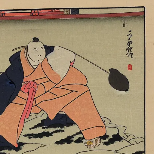 Image similar to Ukiyo-e of a samurai frog out walking his pet cat