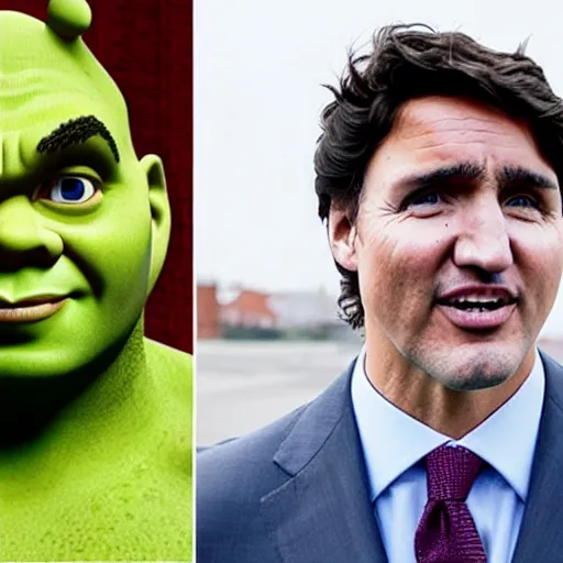 Image similar to justin trudeau cosplaying as shrek, 7 2 0 p, realistic, controversial photo