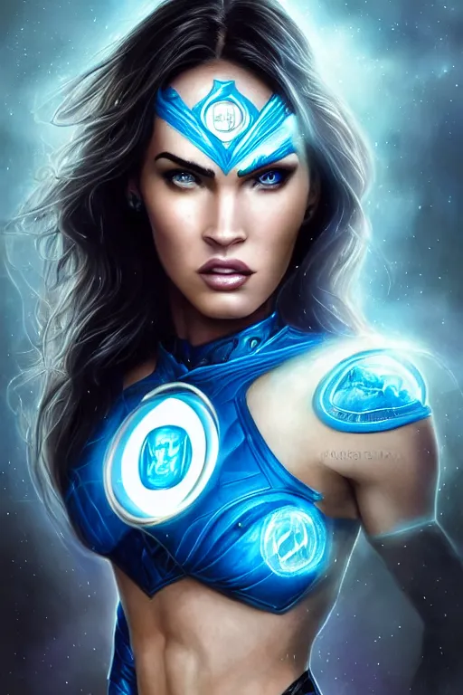 Prompt: majestic and regal portrait of megan fox female blue lantern, dc universe, perfect face, beautiful, intricate, epic, elegant, fantasy, highly detailed, digital painting, hard focus, beautiful volumetric lighting, epic light, ultra detailed, by leesha hannigan, ross tran, thierry doizon, kai carpenter, ignacio fernandez rios