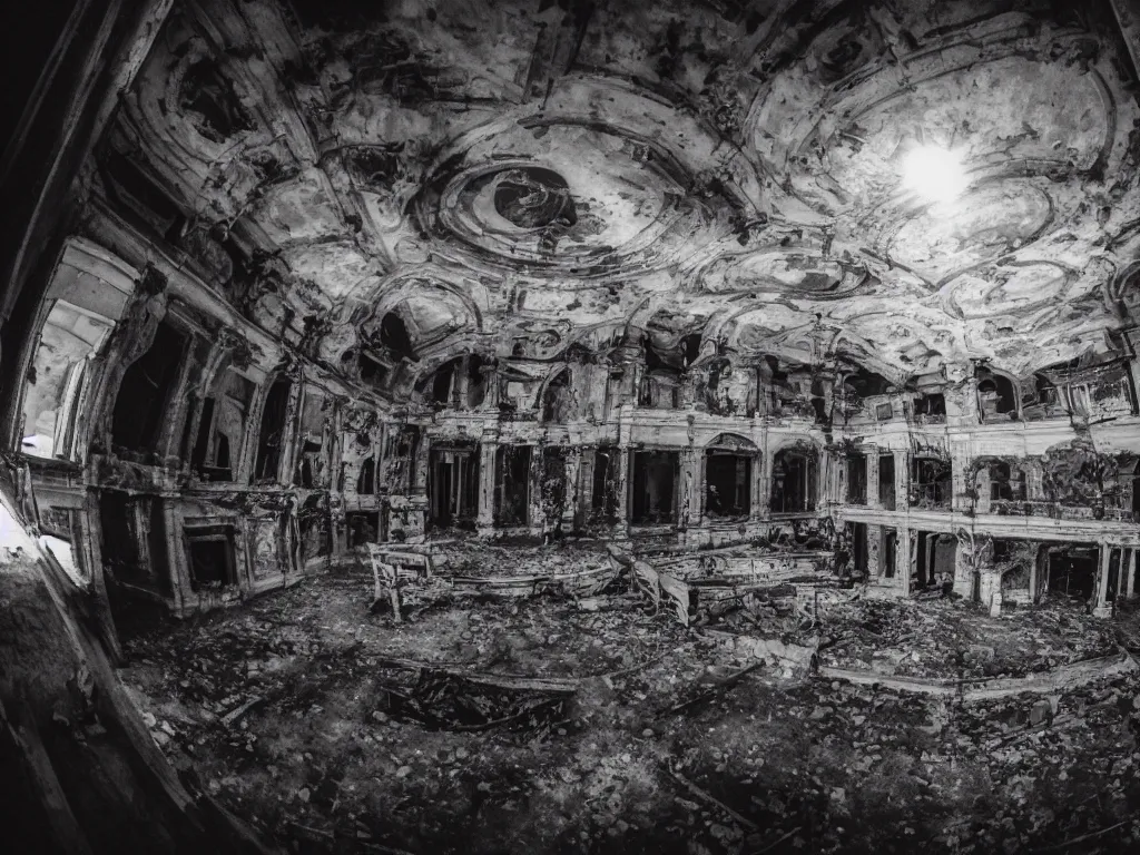 Prompt: photography of inside of an abandoned old opera fitlh and grim apex, creepy, dark atmosphere, ray of sun from the rooftop, wide angle, 1 6 mm lens fujifilm, grainy film