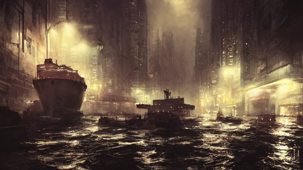 Prompt: dramatic Photorealistic, Matte Painting of a freight ship being towed by a tug boat with bright head lights down a busy post apocalyptic deep flooded Hong Kong city street at night,dark Tall buildings by Greg Rutkowski,Craig Mullins,Hyperrealism,Beautiful dramatic moody lighting,Cinematic Atmosphere,Octane Rendering,8K