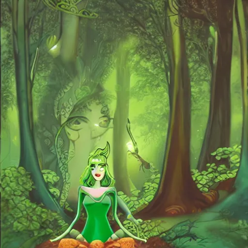 Prompt: a green genie surrounded by forest, fantasy illustration